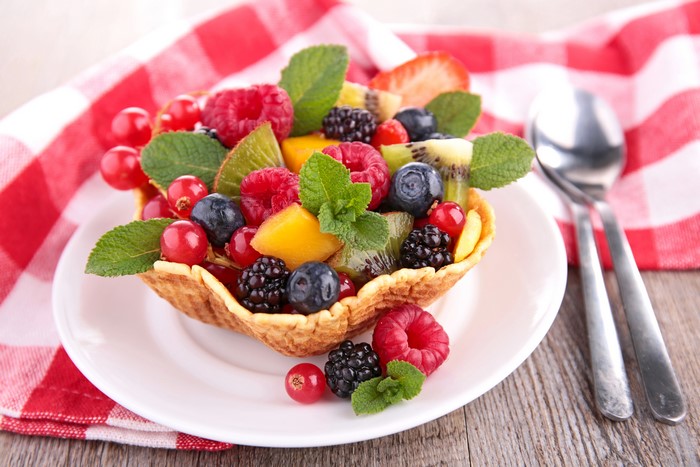 Fruit Salad in a Waffle Bowl with Spoon