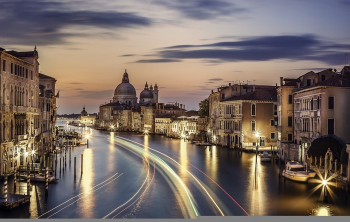 Venice Canal at Dusk with Light Trails