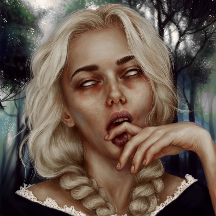 Painting of a blonde girl in a forest