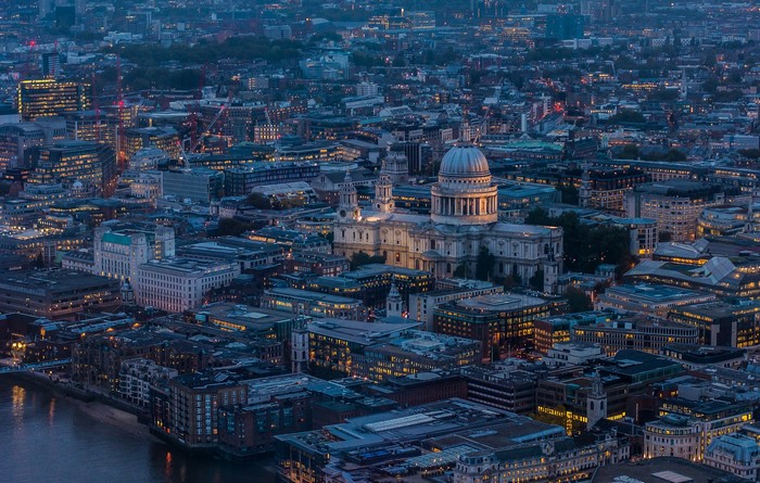 Aerial view of St. Paul's Cathedral, London at dusk