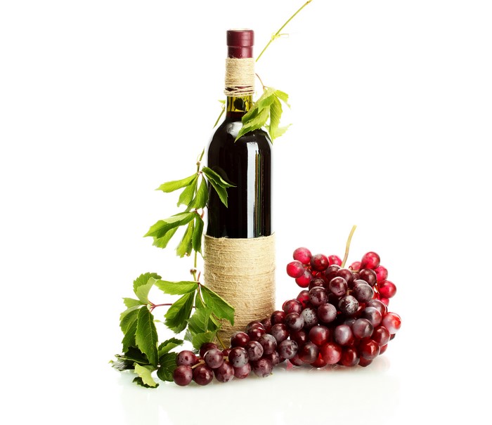 Bottle of Wine with Grapes and Foliage