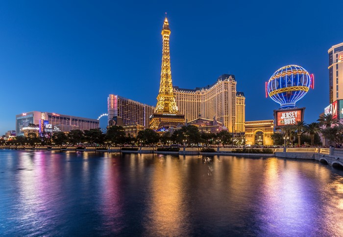 Las Vegas Strip at night with Eiffel Tower replica