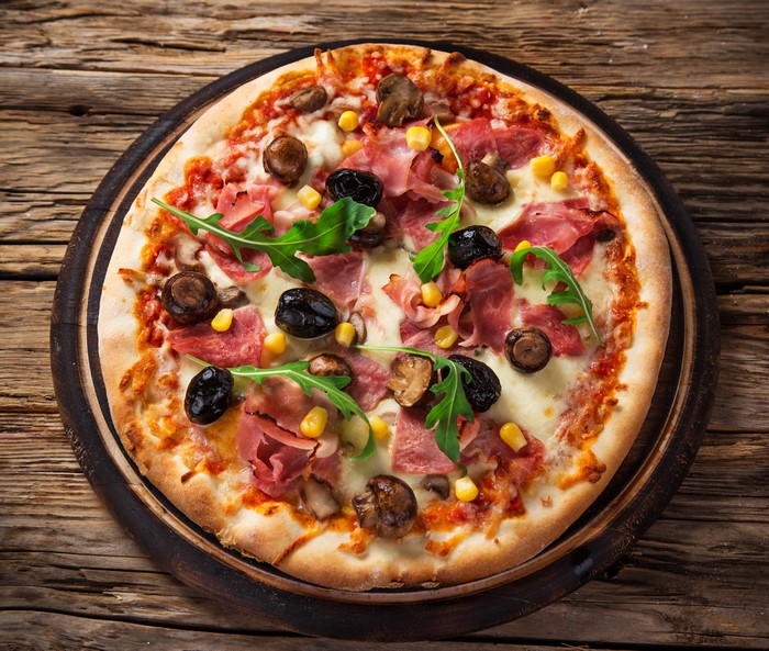 Pizza with Ham, Mushrooms, Olives, and Corn