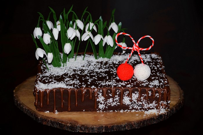 Chocolate cake with snowdrops and martenitsa decoration