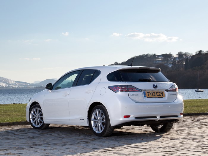 White Lexus CT 200h parked by a lake