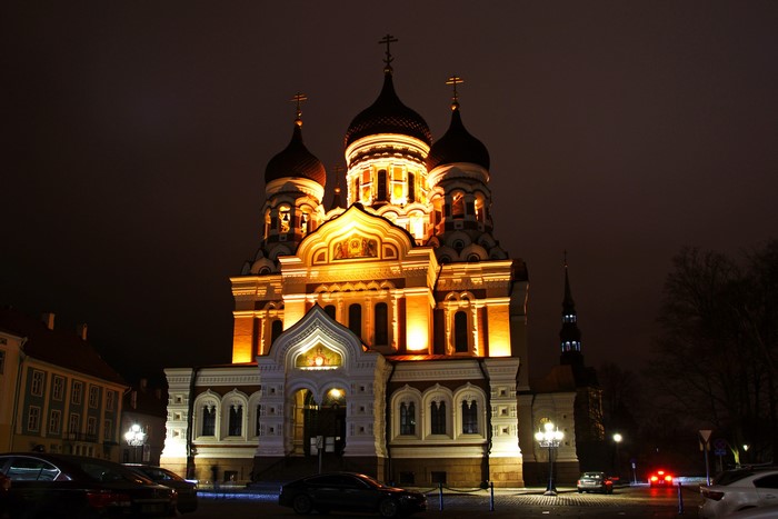 Alexander Nevsky Cathedral at night in Tallinn, Estonia