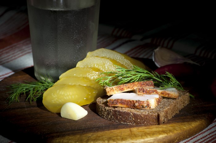 Vodka, Salo, Cucumbers, Dill, and Bread