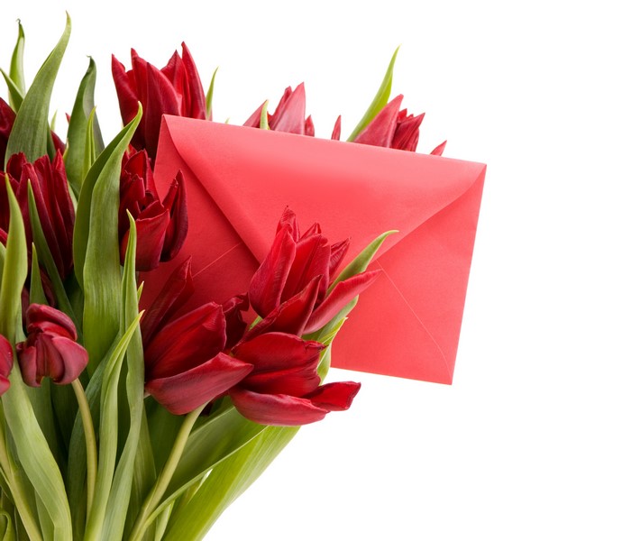 Red tulips with a red envelope