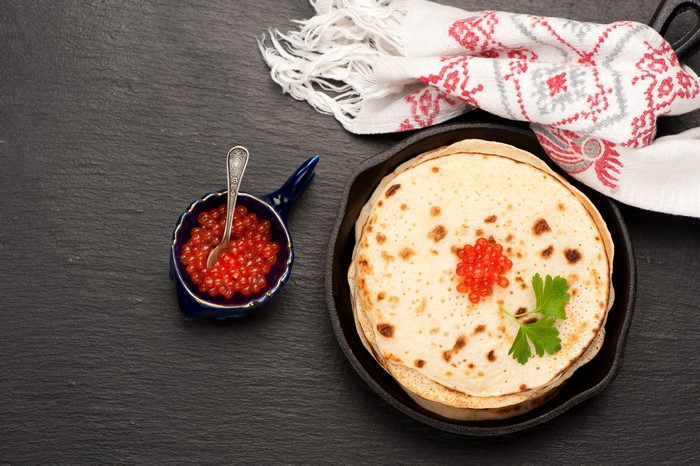 Pancakes with Red Caviar and Parsley