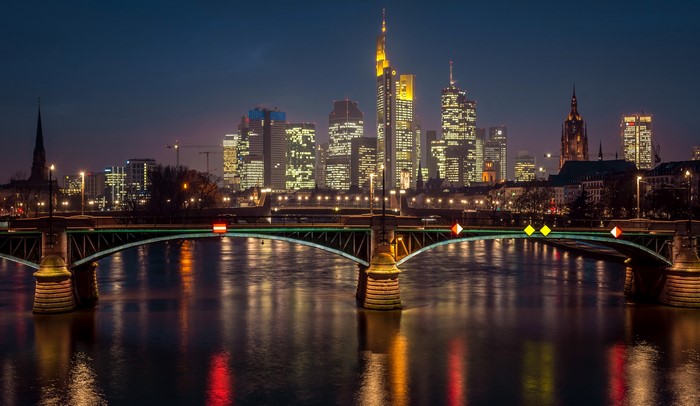Frankfurt skyline and bridge at night