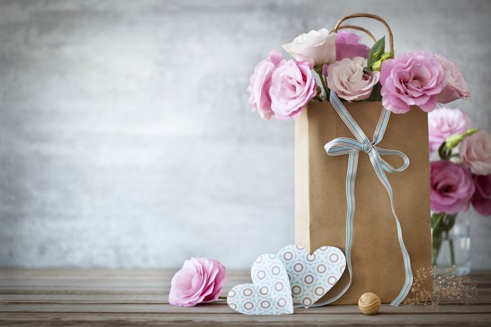 Pink Eustoma Flowers in a Gift Bag with Hearts