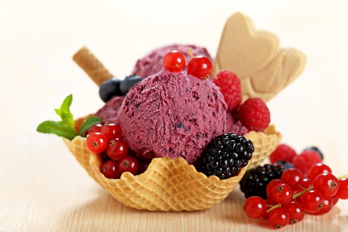 Berry Ice Cream in Waffle Bowl with Fresh Berries
