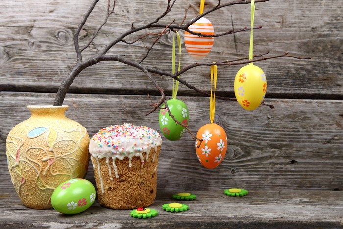 Easter Kulich and Decorated Eggs on a Branch