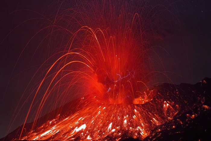 Sakurajima Volcano Erupting Lava and Sparks at Night