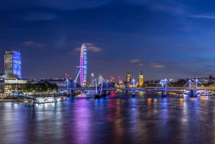 London skyline with Ferris wheel and bridges at night