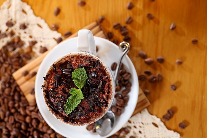 Chocolate coffee with mint and chocolate shavings