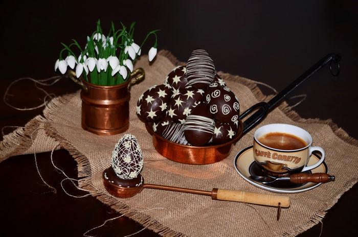 Easter Chocolate Eggs with Snowdrops and Coffee