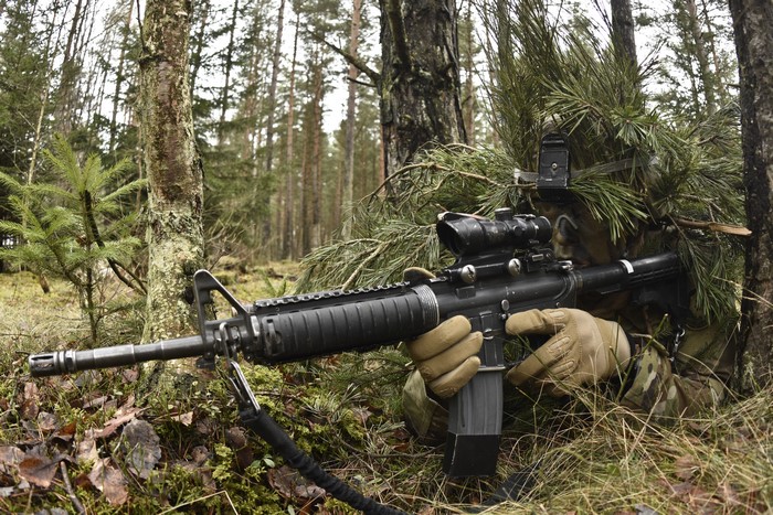 Soldier with rifle in forest