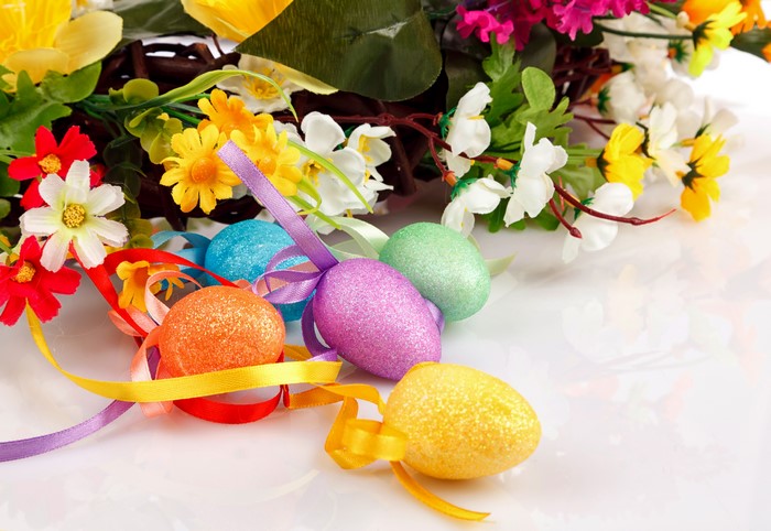 Easter Eggs with Flowers and Ribbons