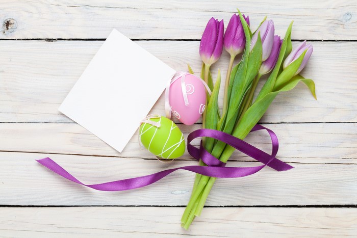 Easter Tulips and Eggs on Wood Planks