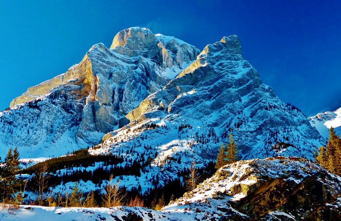 Snow-covered mountains in Kananaskis Country, Canada