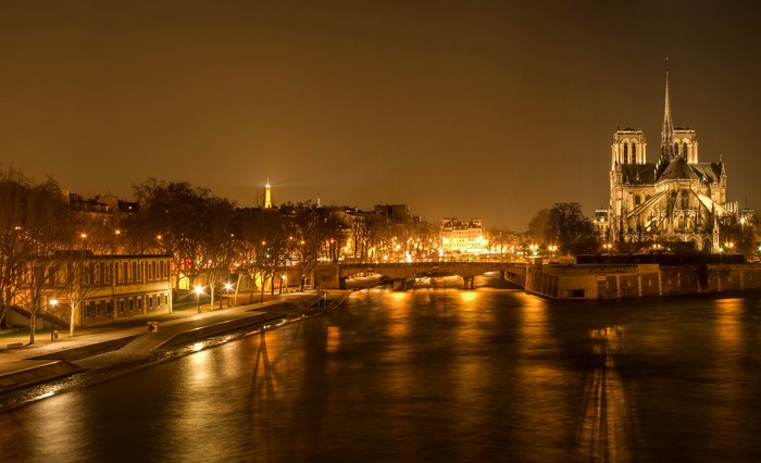 Notre Dame Cathedral and Eiffel Tower at Night in Paris