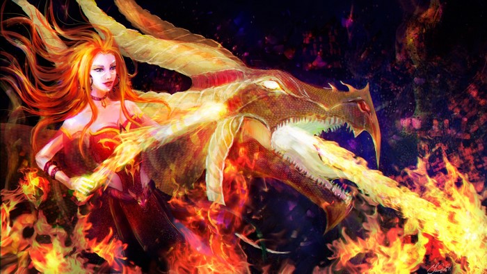 Lina from DOTA 2 breathing fire with a dragon