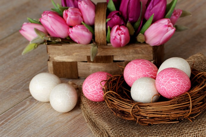 Easter Tulips and Eggs in a Wicker Basket