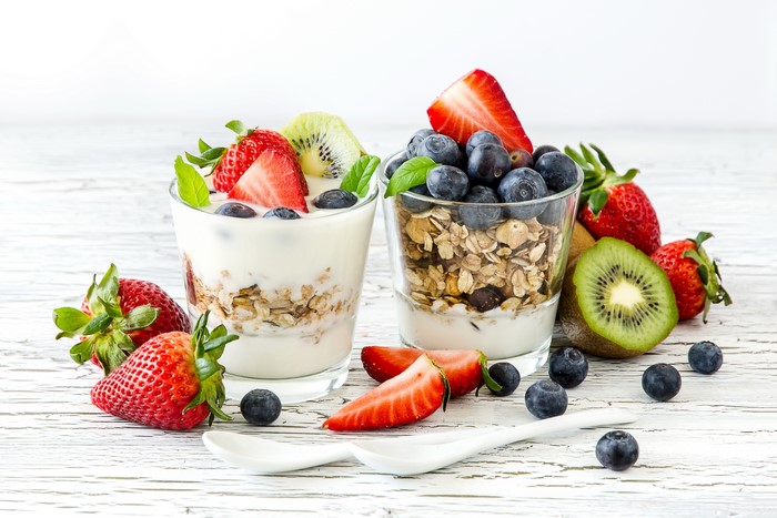 Fruit Parfaits with Strawberries, Blueberries, and Kiwi