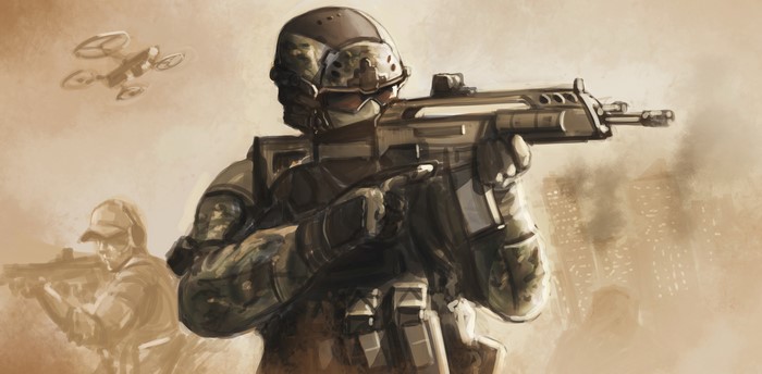 Soldiers with Assault Rifles and Drone in City