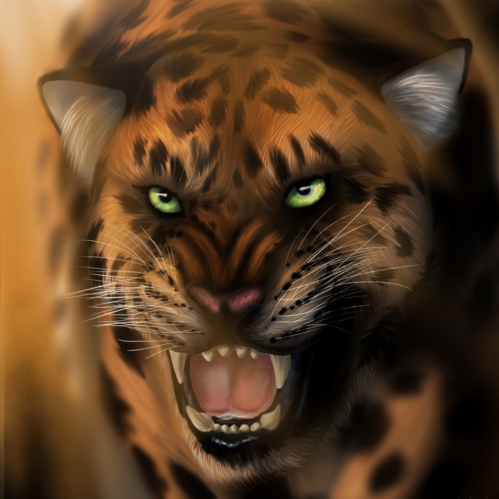 Painting of a roaring leopard with green eyes