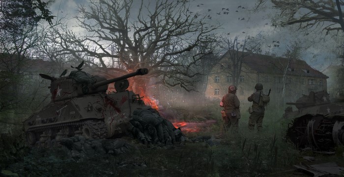 M4 Sherman tanks and soldiers in a war-torn landscape