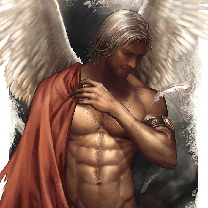 Angel with red cloth and wings