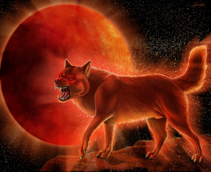 Fiery Wolf Roaring in Front of Mars