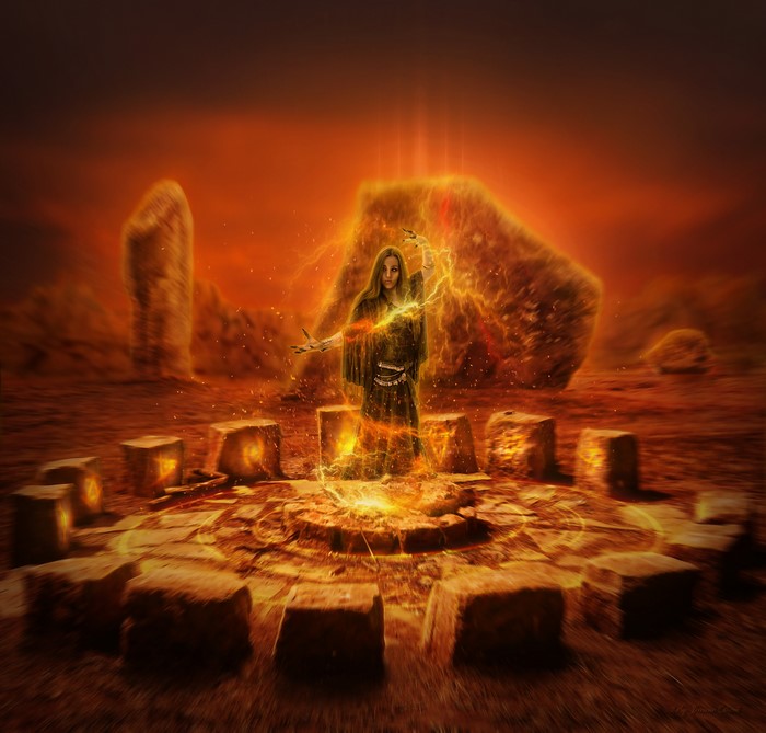 Woman casting magic in a stone circle