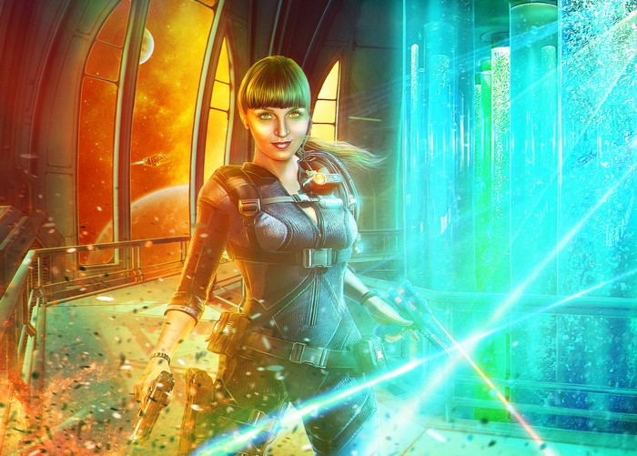 Woman with pistols in sci-fi setting