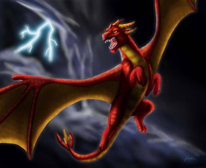 Red dragon flying during a lightning storm