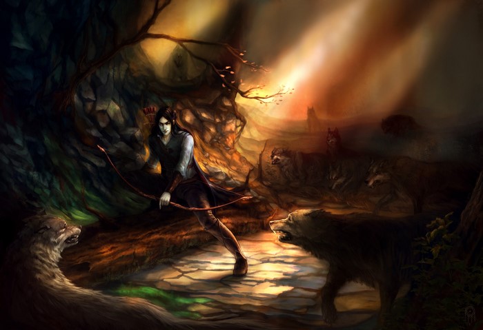 Elf Archer fighting wolves in a forest