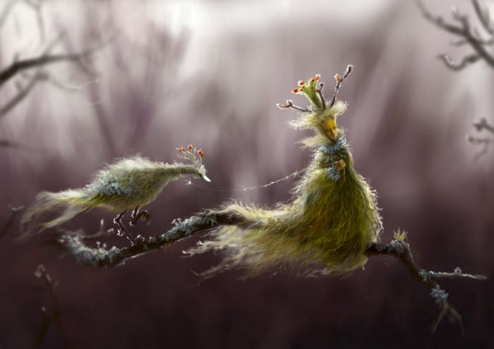 Two supernatural beings on branches