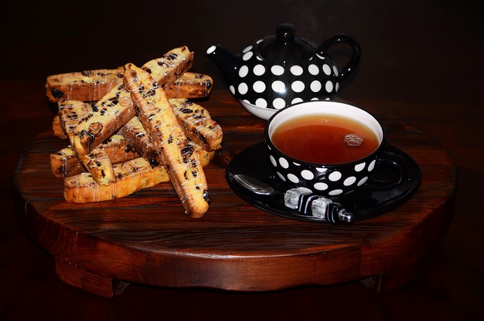 Biscotti with tea and teapot