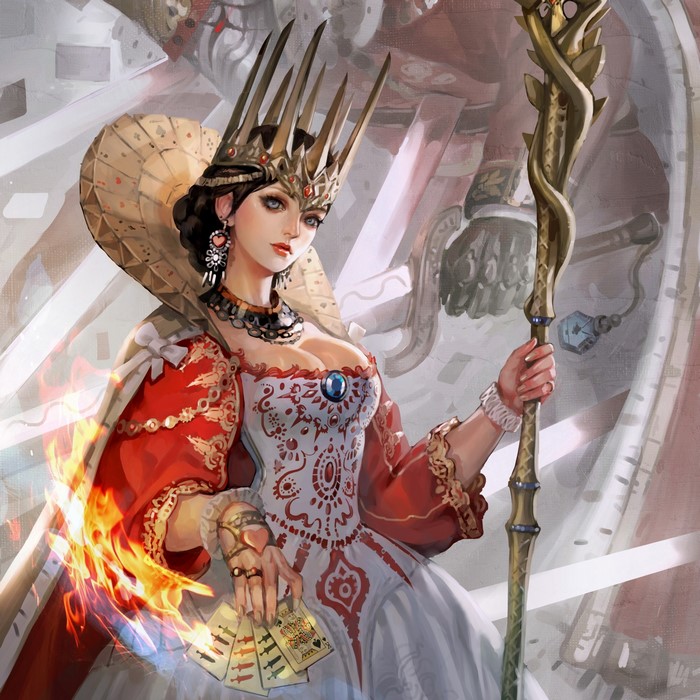 Queen with a crown and staff holding cards