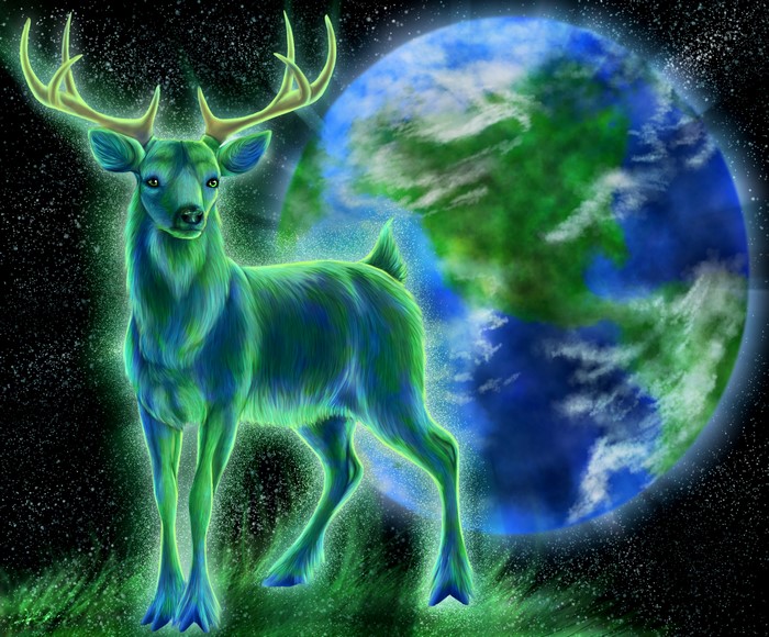 A magical deer with Earth in the background