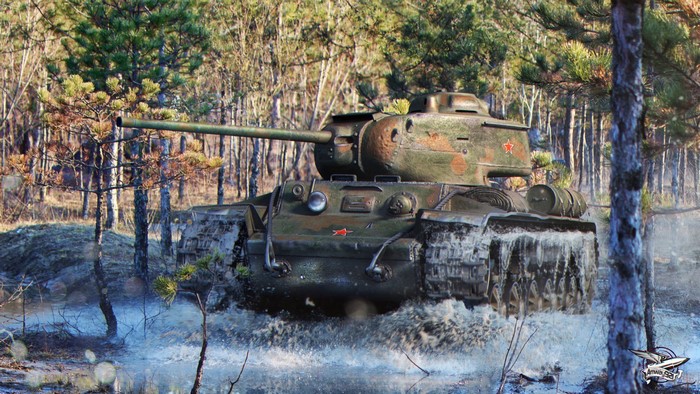 KV-1S tank from World of Tanks in a forest stream