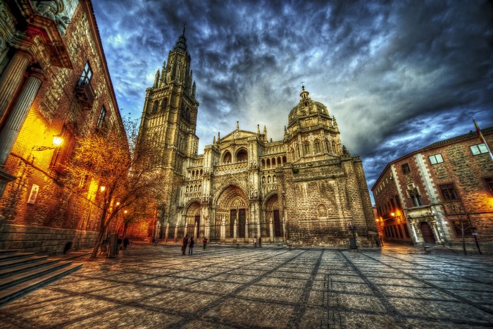 Toledo Cathedral at Night with Street Lights