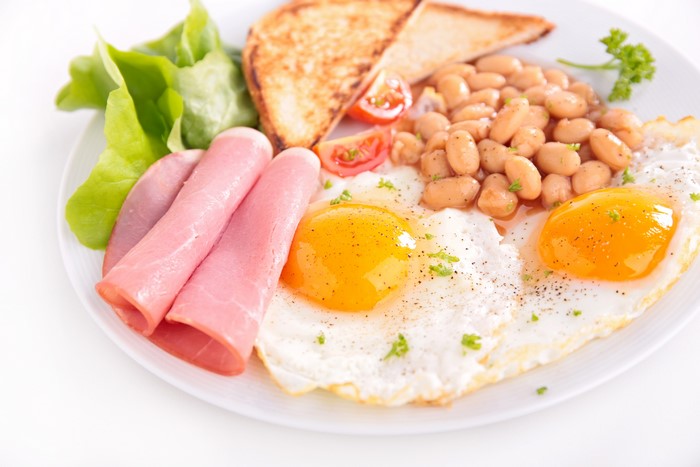 Full English Breakfast with Ham, Eggs, Beans, and Toast