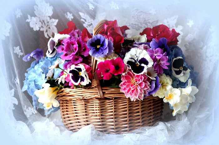 Basket of Petunias, Dahlias, Pansies, and Freesias