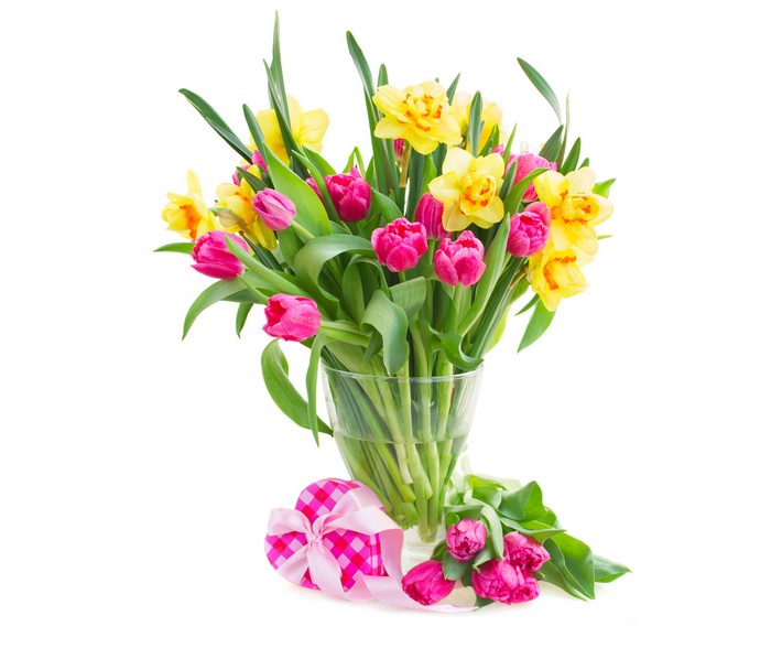 Tulips and Daffodils in a Vase with a Heart Gift Box