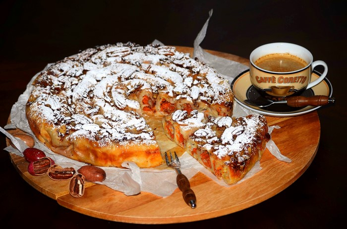 Pie with nuts and coffee