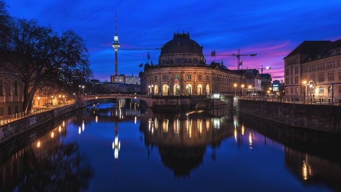 Bode Museum and TV Tower over Spree River at Night, Berlin