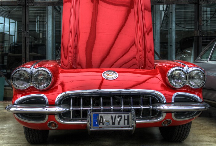 Red Corvette with Hood Open